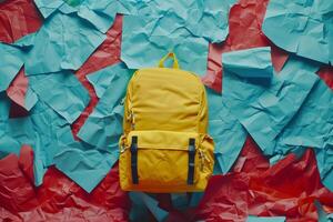 AI generated The yellow briefcase against a colorful wall. Backpack, school briefcase, bagbook. Generated by artificial intelligence. photo
