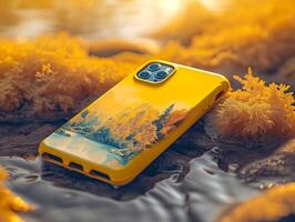 AI generated The phone in yellow case on a yellow background. Created by artificial intelligence. photo