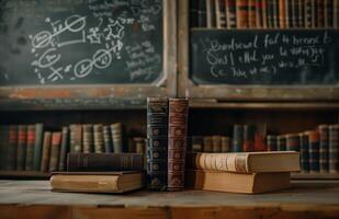 AI generated Books fronted by a blackboard with a math equation in the background. Generated by artificial intelligence. photo