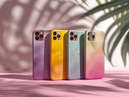 AI generated Four phones in colorful cases on a pastel background. Created by artificial intelligence. photo