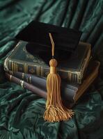 AI generated A graduation cap and books with golden tassels on the topand books. Generated by artificial intelligence. photo