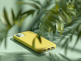 AI generated The phone in yellow case on a green background. Created by artificial intelligence. photo