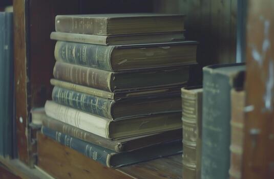 AI generated Various books are arranged in a pile. There are a lot of different types of books on the table. Generated by artificial intelligence. photo