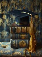 ai generado un graduación gorra y libros con dorado borlas en el arriba y libros. generado por artificial inteligencia. foto