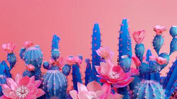 AI generated Bright blue cactus plants against a pink background. Generated by artificial intelligence. photo