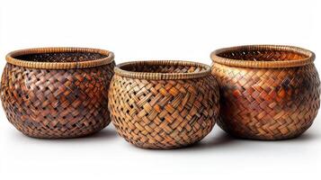 AI Generated Rattan baskets are arranged in a collage on a white background photo