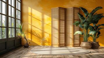 AI Generated Yellow wall with folding screen, shelving unit and houseplant photo