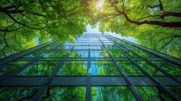 AI Generated Go green concept with green tree branches and leaves on a sustainable glass building to reduce heat and carbon dioxide in a modern city. It's an office building with a green environment. photo