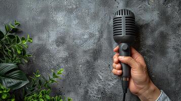 AI Generated A journalist's hand holds a microphone on a grey background with space for text photo