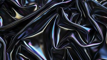 AI generated Dark silk displaying holographic foil. Black abstract background. Generated by artificial intelligence. photo