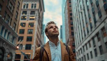 ai generado un pensativo joven hombre miradas hacia arriba entre el imponente arquitectura de el urbano paisaje. generativo ai. foto