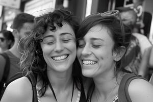 AI generated Black and white image capturing a tender moment between a smiling same-gender couples during Pride Month. Generative AI. photo