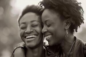 AI generated Black and white image capturing a tender moment between a smiling same-gender couples during Pride Month. Generative AI. photo