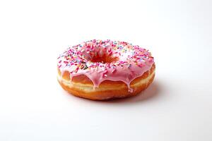 ai generado un clásico rosquilla coronado con rosado Formación de hielo y un alegre espolvorear de vistoso papel picado en blanco antecedentes. generativo ai. foto