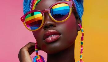 ai generado un sorprendentes actitud con teñido de arcoiris Gafas de sol y vibrante talón pendientes, conjunto en contra un vistoso fondo, capturas un negrita y elegante confianza. generativo ai. foto