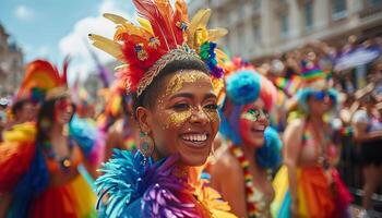 ai generado un radiante individual adornado con un plumado tocado y oro Brillantina maquillaje exuda alegría en medio de un multitud a un vibrante orgullo desfile. generativo ai. foto