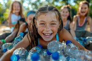 ai generado un joven niña sonriente con deleitar, rodeado por un mar de reciclable el plastico botellas, capturar el espíritu de ambiental educación y alegría. generativo ai. foto