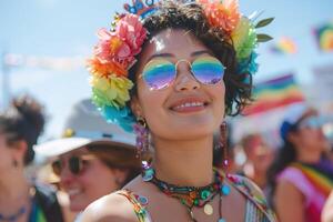 ai generado un alegre joven mujer celebrando un orgullo desfile, adornado con vistoso accesorios y un corona de flores generativo ai. foto