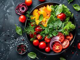 AI generated A healthy medley of garden-fresh vegetables, delicately seasoned with herbs and spices, perfect for a nutritious meal. Generative AI. photo