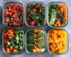 AI generated Organized meal prep containers filled with a rainbow of chopped vegetables healthy meals. Generative AI. photo