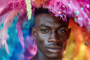 ai generado un sorprendentes retrato de un hombre enmarcado por un vibrante explosión de carnaval plumas durante orgullo mes. generativo ai. foto