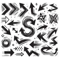 A Collection of Scribble Arrow Strokes in Varied Sizes and Directions, Black brush stroke arrow set. vector