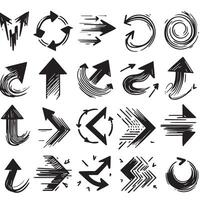 A Collection of Scribble Arrow Strokes in Varied Sizes and Directions, Black brush stroke arrow set. vector