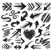 A Collection of Scribble Arrow Strokes in Varied Sizes and Directions, Black brush stroke arrow set. vector