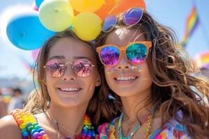 AI generated Two young friends beam with joy, their mirrored sunglasses reflecting the festive atmosphere, surrounded by colorful balloons at a Pride event. Generative AI. photo