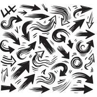 A Collection of Scribble Arrow Strokes in Varied Sizes and Directions, Black brush stroke arrow set. vector