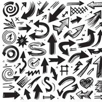 A Collection of Scribble Arrow Strokes in Varied Sizes and Directions, Black brush stroke arrow set. vector