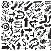 A Collection of Scribble Arrow Strokes in Varied Sizes and Directions, Black brush stroke arrow set. vector