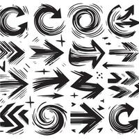 un colección de Escribiendo flecha golpes en variado tamaños y direcciones, negro cepillo carrera flecha colocar. vector