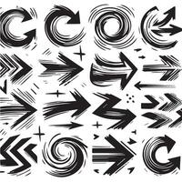 A Collection of Scribble Arrow Strokes in Varied Sizes and Directions, Black brush stroke arrow set. vector