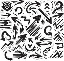 A Collection of Scribble Arrow Strokes in Varied Sizes and Directions, Black brush stroke arrow set. vector