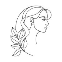 Girl face with leaves continuous line art vector illustration
