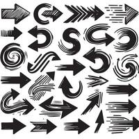 A Collection of Scribble Arrow Strokes in Varied Sizes and Directions, Black brush stroke arrow set. vector