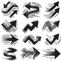 A Collection of Scribble Arrow Strokes in Varied Sizes and Directions, Black brush stroke arrow set. vector