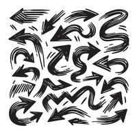 A Collection of Scribble Arrow Strokes in Varied Sizes and Directions, Black brush stroke arrow set. vector