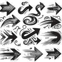 A Collection of Scribble Arrow Strokes in Varied Sizes and Directions, Black brush stroke arrow set. vector