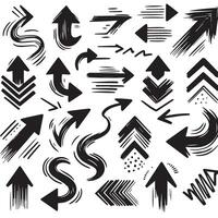 A Collection of Scribble Arrow Strokes in Varied Sizes and Directions, Black brush stroke arrow set. vector