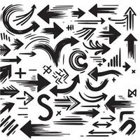 A Collection of Scribble Arrow Strokes in Varied Sizes and Directions, Black brush stroke arrow set. vector