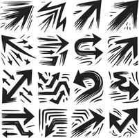 A Collection of Scribble Arrow Strokes in Varied Sizes and Directions, Black brush stroke arrow set. vector