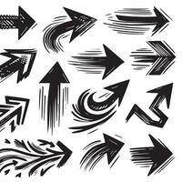 A Collection of Scribble Arrow Strokes in Varied Sizes and Directions, Black brush stroke arrow set. vector