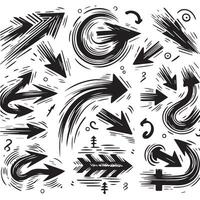 A Collection of Scribble Arrow Strokes in Varied Sizes and Directions, Black brush stroke arrow set. vector