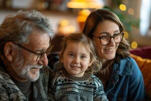 AI generated A heartwarming family portrait capturing the bright smiles of a grandfather, his granddaughter, and her mother. Generative AI. photo