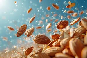 AI generated A dynamic image capturing almonds in mid-air. Generative AI. photo