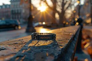 AI generated An epilepsy awareness bracelet rests on an urban ledge, highlighted by the warm glow of a sunrise. Generative AI. photo