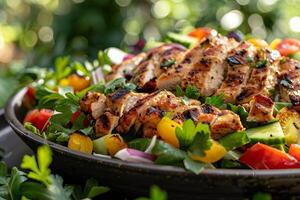 AI generated A tender, grilled chicken slices paired with vibrant summer vegetables and greens, bathed in natural sunlight. Generative AI. photo