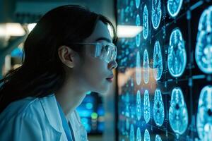 AI generated A female doctor examines detailed brain MRI images in neurological healthcare. Generative AI. photo